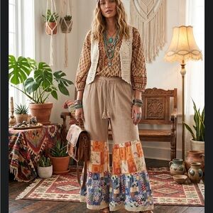 easel Beige Patchwork Wide-Leg Boot Cut Pants. NWOT